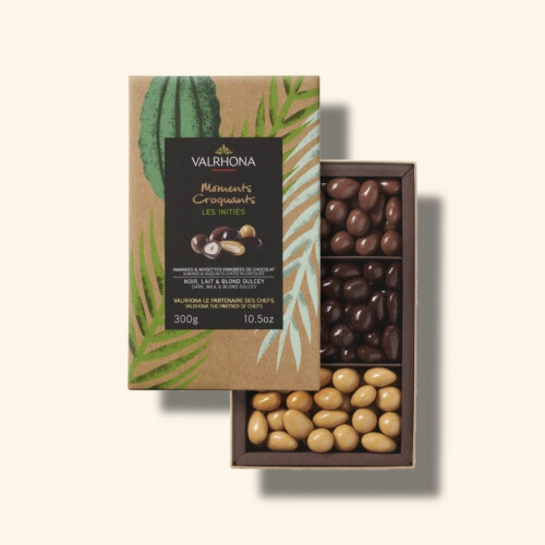 Amandes et noisettes enrobées de chocolat noir, lait et Dulcey