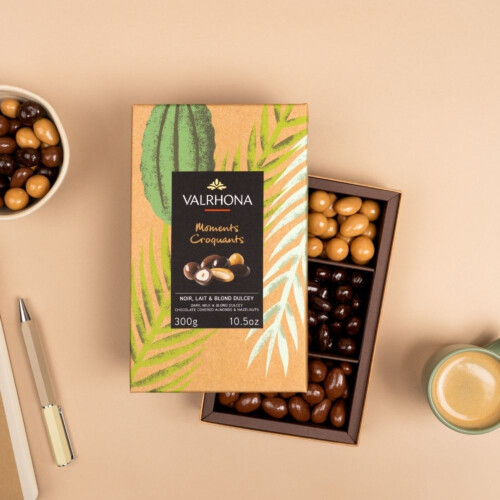 Coffret amandes et noisettes enrobées de chocolat noir, lait et Dulcey Hover
